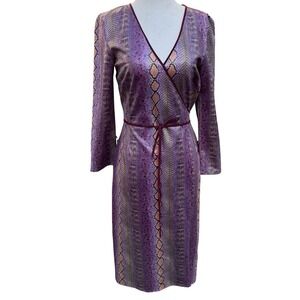 Kathryn Conover Y2K 90s Mob Wife Purple Faux Snakeskin Edgy Wrap Midi‎ Dress 2